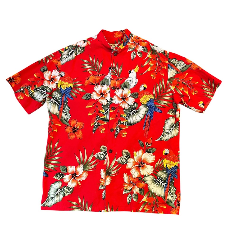 Hilo Hattie Aloha Shirt Men M Red Parrot Floral Hawaii Tropical Mandarin Collar